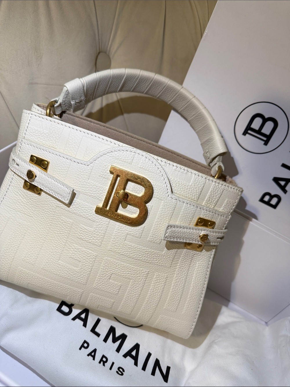 Balmain Cream Top-Handle Satchel with Gold 'B' Logo - Picture 2 of 5